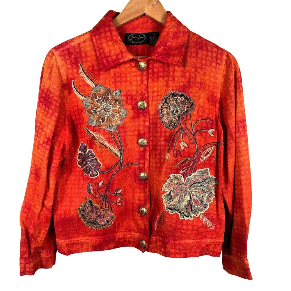 Julia Kin‎ Jacket Women Small Orange Art to Wear Boho Floral Embroidered Shirt